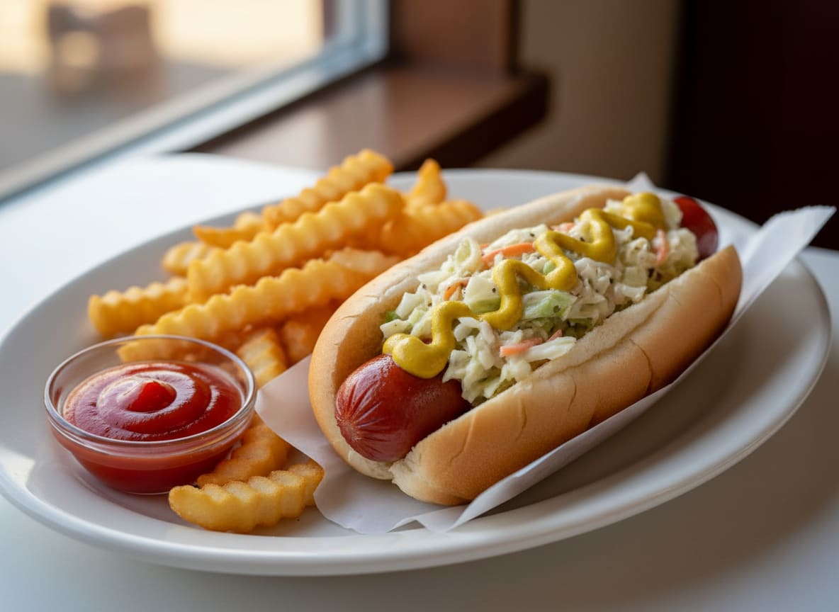 Hot-dog steamé, moutarde et relish, frites maison