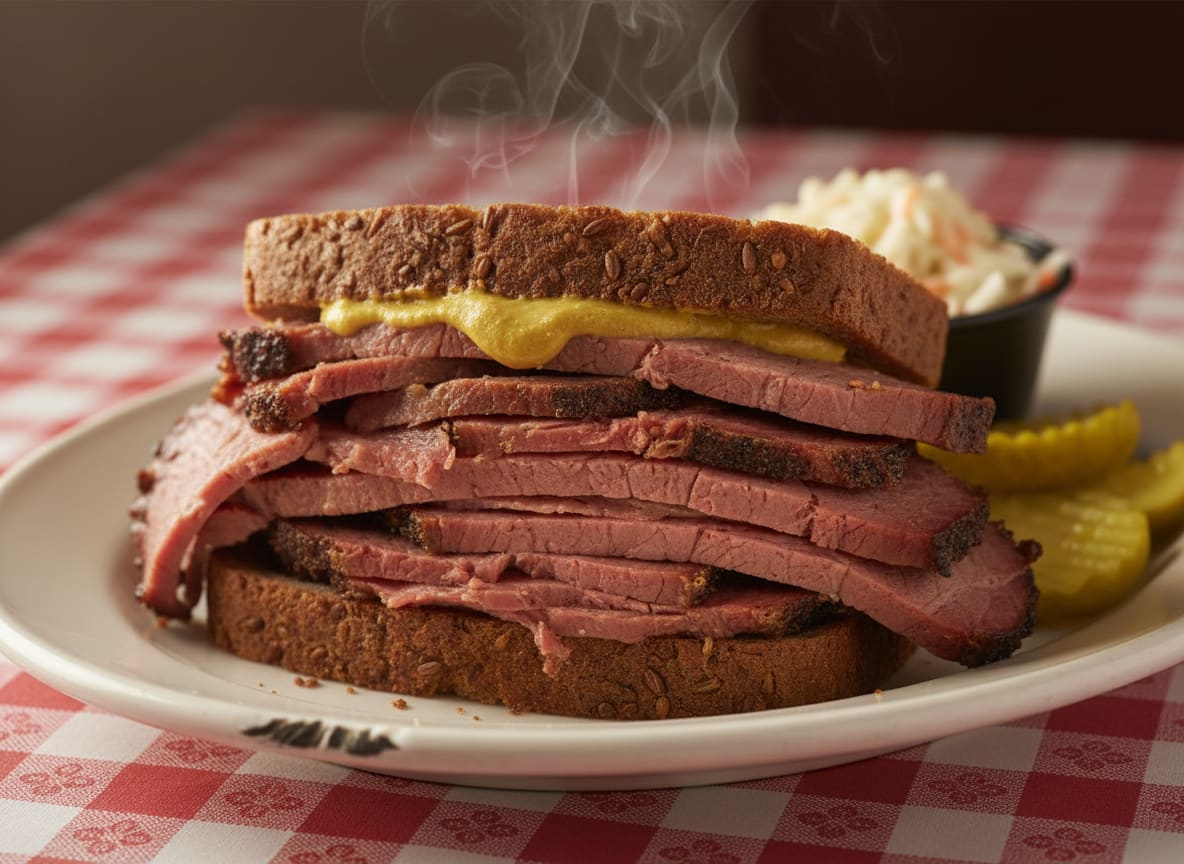 Sandwich smoked-meat, pain de seigle, moutarde